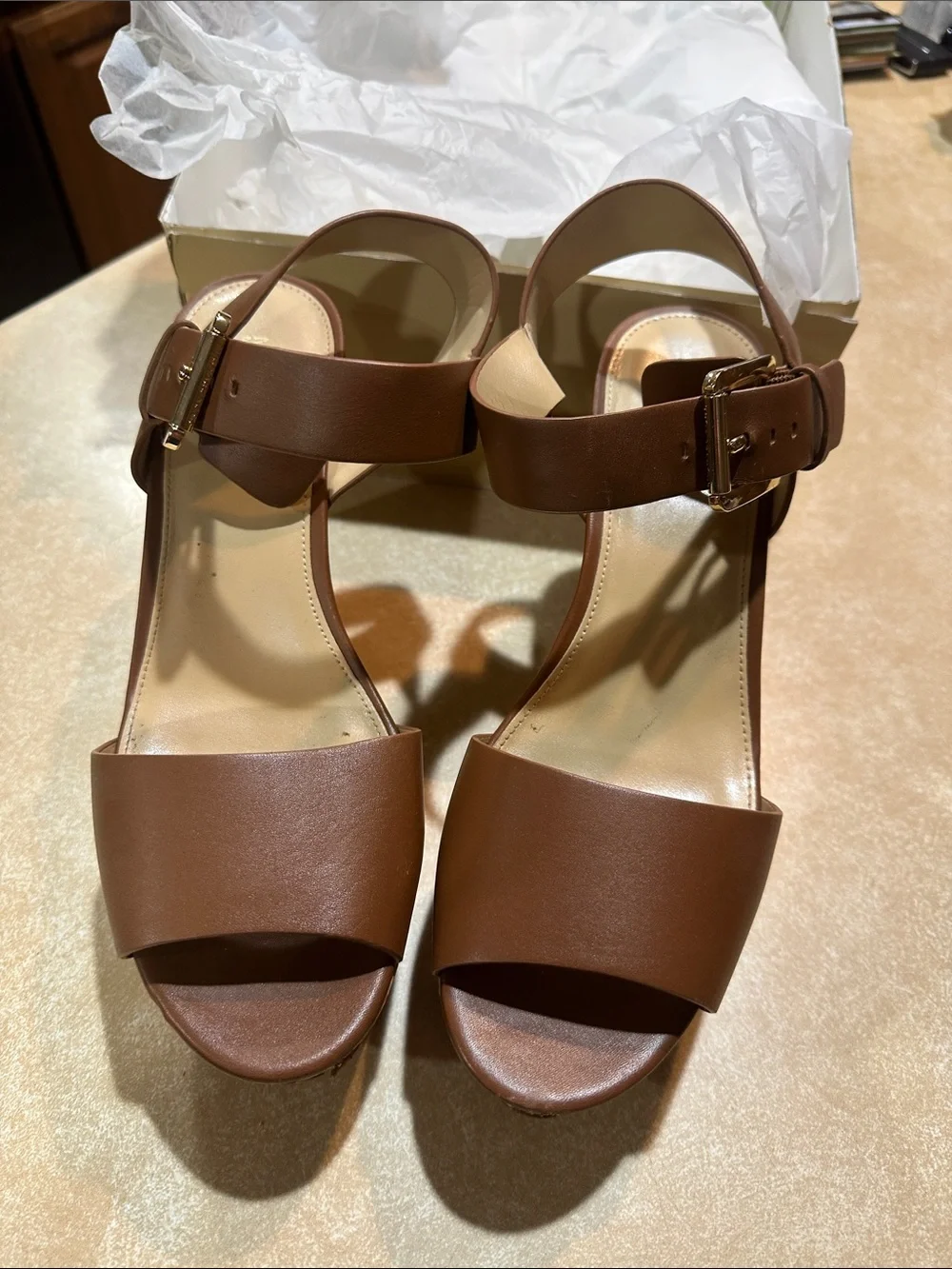 Michael Kors Cognac Brown Leather Block Heel Sandals